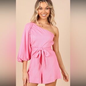 Pink Petal & Pup One-Shoulder Long-Sleeve Romper